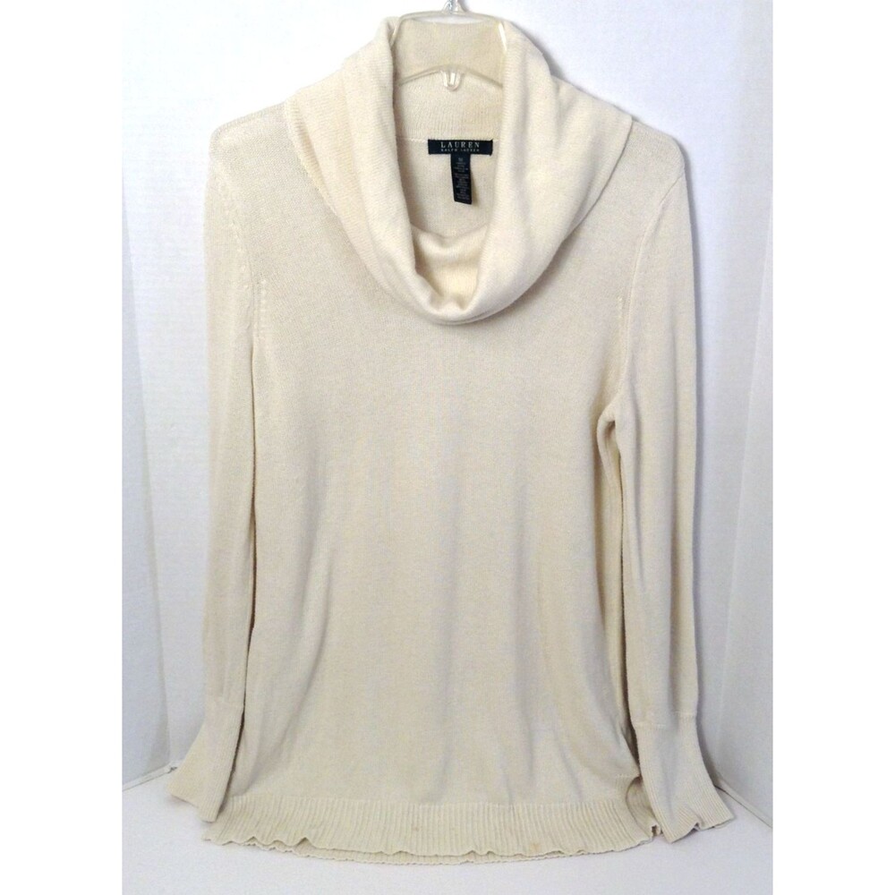 Lauren Ralph Lauren Sweater Wn M Cream Wool Viscose Cowl Neck Tunic Preppy Cozy